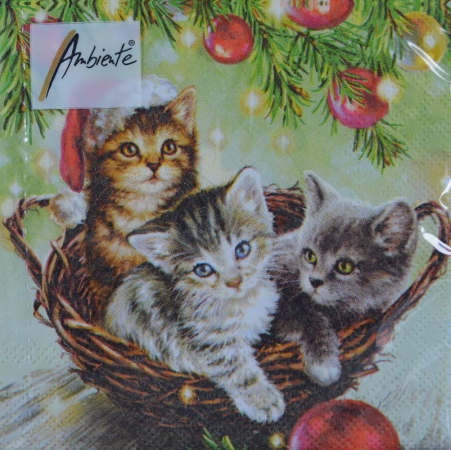 Weihnachtsserviette Katzen im Körbchen